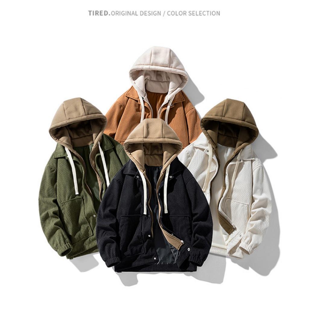 Couple's Corduroy Hooded Jacket with Thick Velvet for Autumn and Winter Men's Fake Two-piece Hoodie Jacket