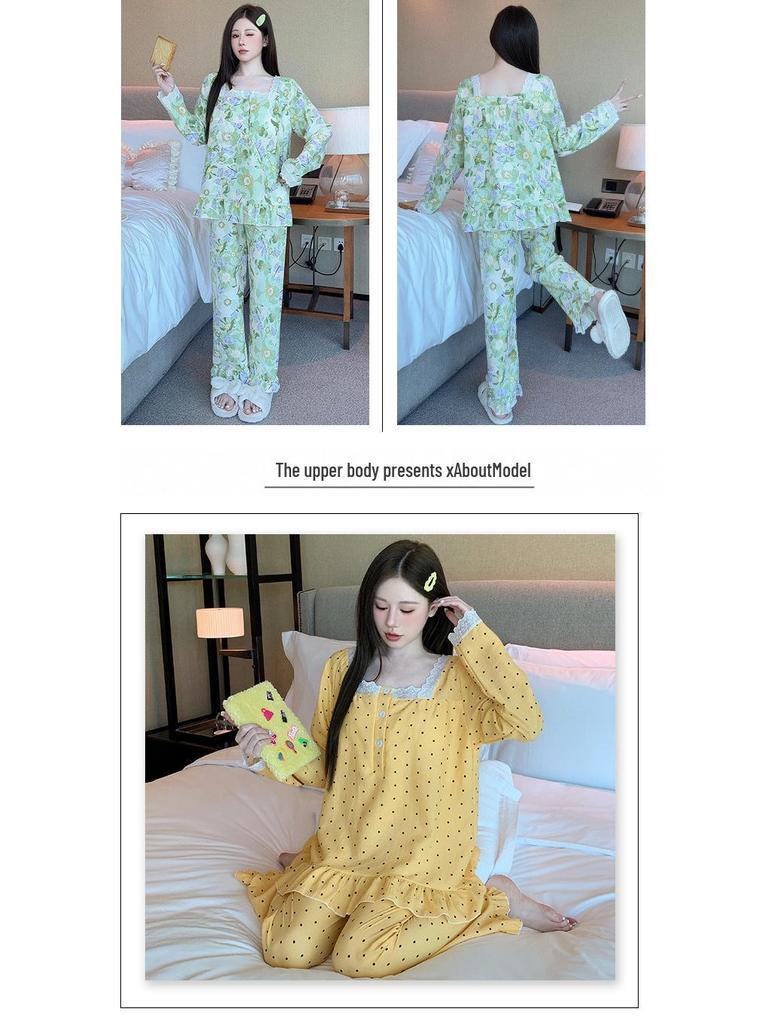 Yellow Sweet Princess Long Pajamas with Chest Pad - Korean Cloud Cotton, Plus Size, Spring/Autumn Style