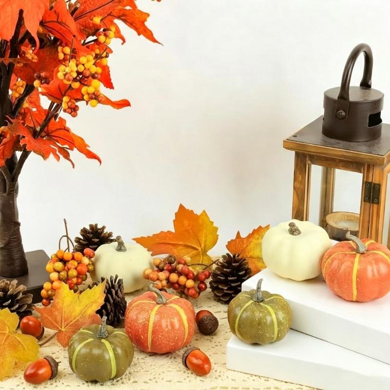Indoor Harvest Styling Set with Faux Gourds, Natural Trim and Leaf Mix for Shelf and Entryway Indoor Presentation