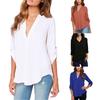 Summer Shirt Solid Color Ruched Loose Three Quarter Sleeves Low-cut Commute V Neck Plus Size Mid Length Summer Blouse Female Clothing