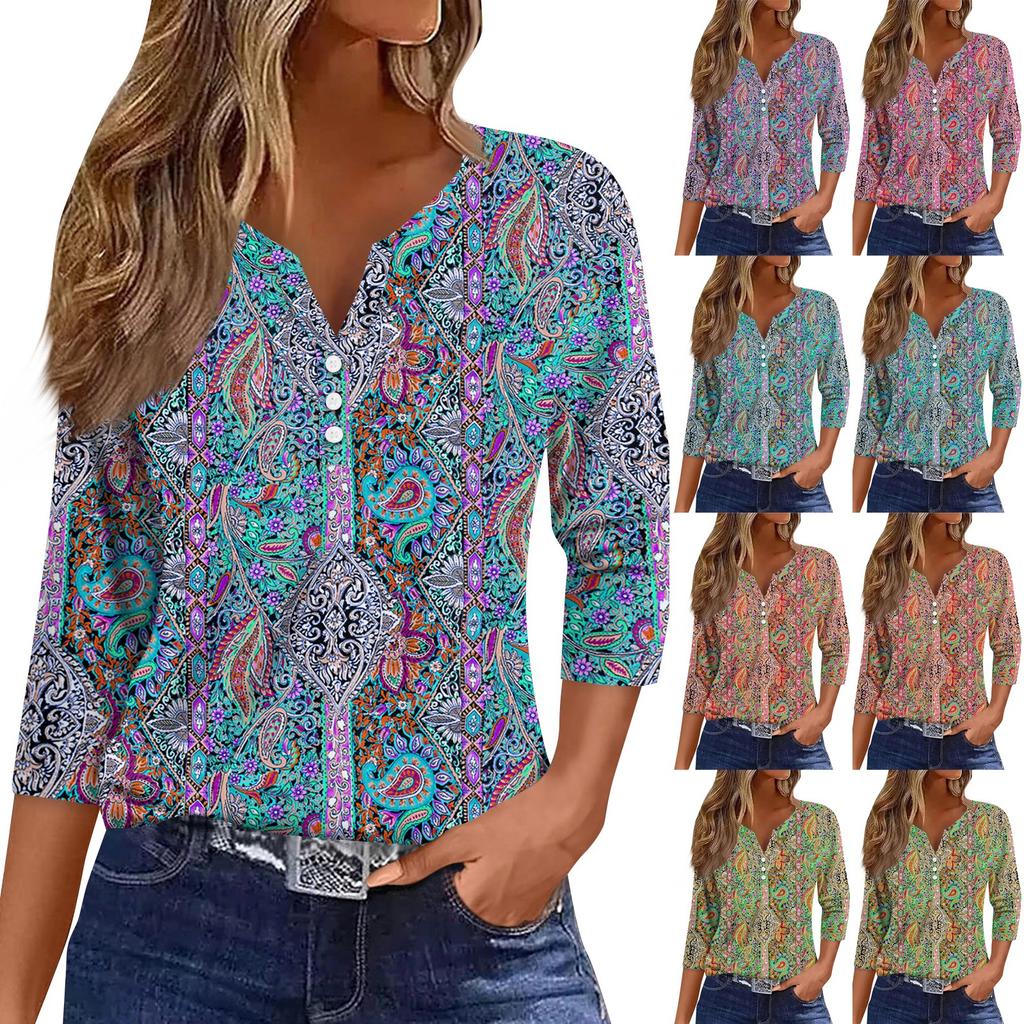 3/4 Length Sleeve Women's Tops Print Vintage Fashion Casual Loose With V Neck Plus Size Shirts Tops