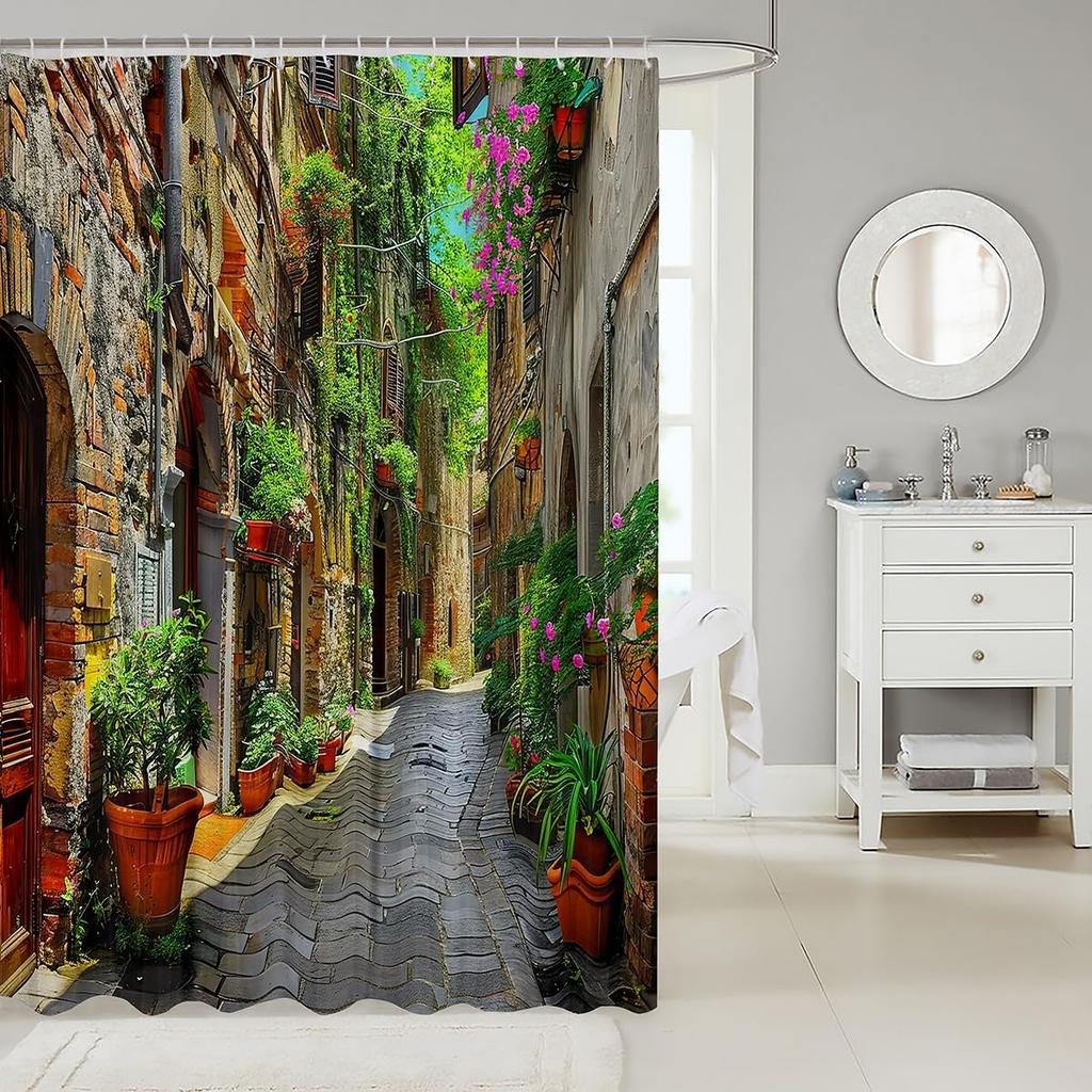 Waterproof Boho Mediterranean Street View Shower Curtain European Italian Rustic Garden Bathroom Decor Tropical Alley Shower Lin
