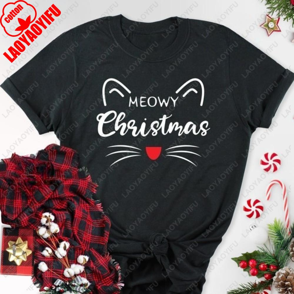 Meowy Christmas Cat Graphic Tshirts Shirts For Unisex Clothing Funny Cat Animal Lover Tops Gift Unisex Lovely ShortSleev Tshirt S