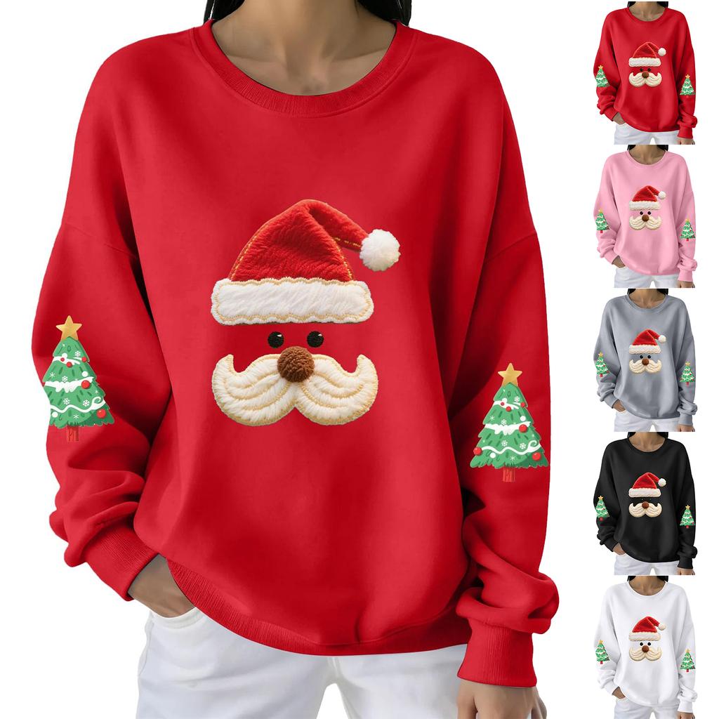 Ladies' Casual And Fashionable Round Neck Top With Christmas Print Hooded T-shirt Long Sleeved Sweatshirt