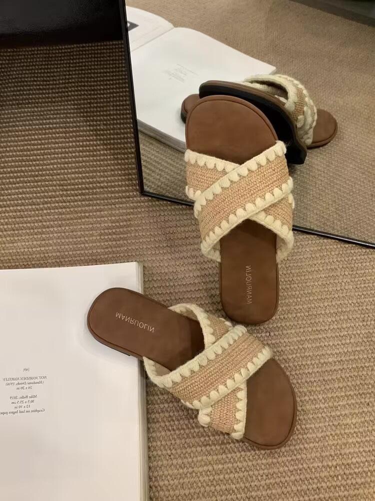 

Этнические плетеные шлепанцы с перекрещенными ремешками, открытым носком и плоской подошвой для летней женской обуви. Богемные пляжные сандалии для морского отдыха. 40