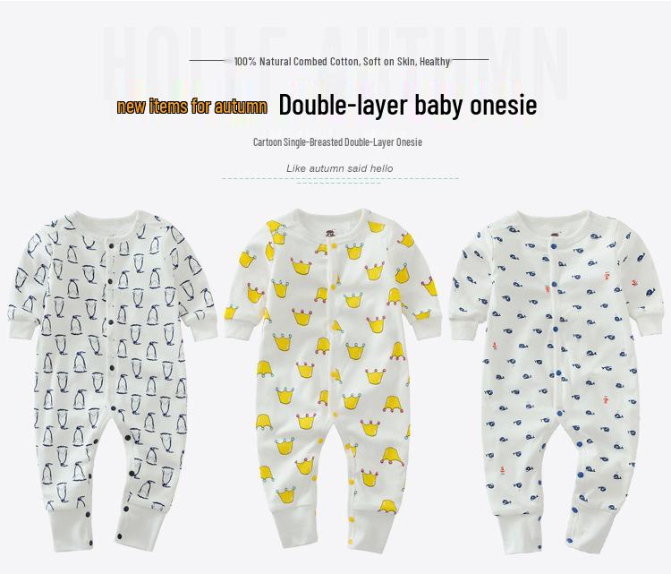 Erkek ve Kız Çocuklar İçin Saf Pamuk Uzun Kollu Bebek Tulumu - Dört Mevsim İçin Çift Katmanlı