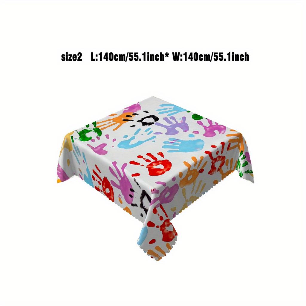 Fun Kids Art Tablecloth,Multicolor Handprint Design,Clean Scalloped Trim, Dirt Resistant for Home Decor Casual Family Gatherings
