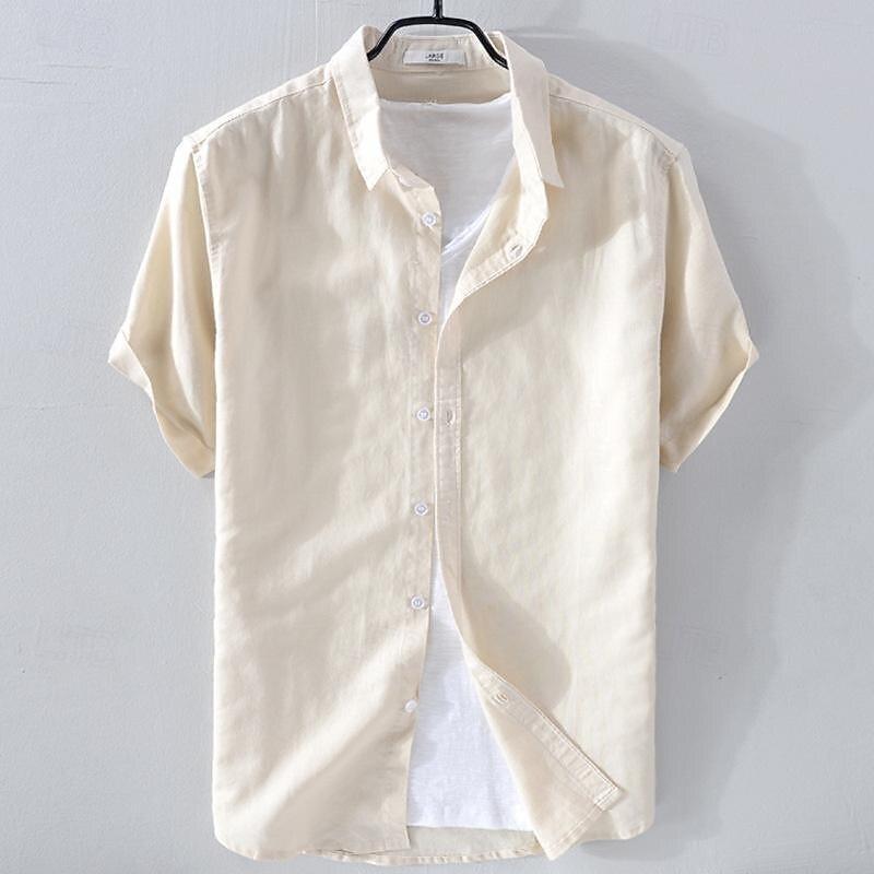 Breathable Linen Long Sleeve Shirt Men s Short Sleeve Loose Top Summer Thin Lapel White Cotton Linen Fabric XS