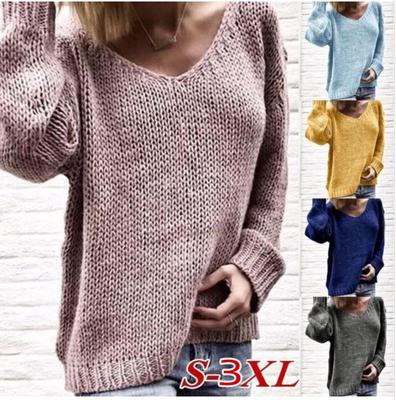 5 Colors Plus Size Women's Fashion V-neck Long Sleeve Cotton Solid Color Women Sweaters and Autumn Knitted Sweaters for Women