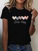Neck Heart and Happy Print Short Sleeve Women's Casual Sport T-Shirt Round  Aesthetic Clothes