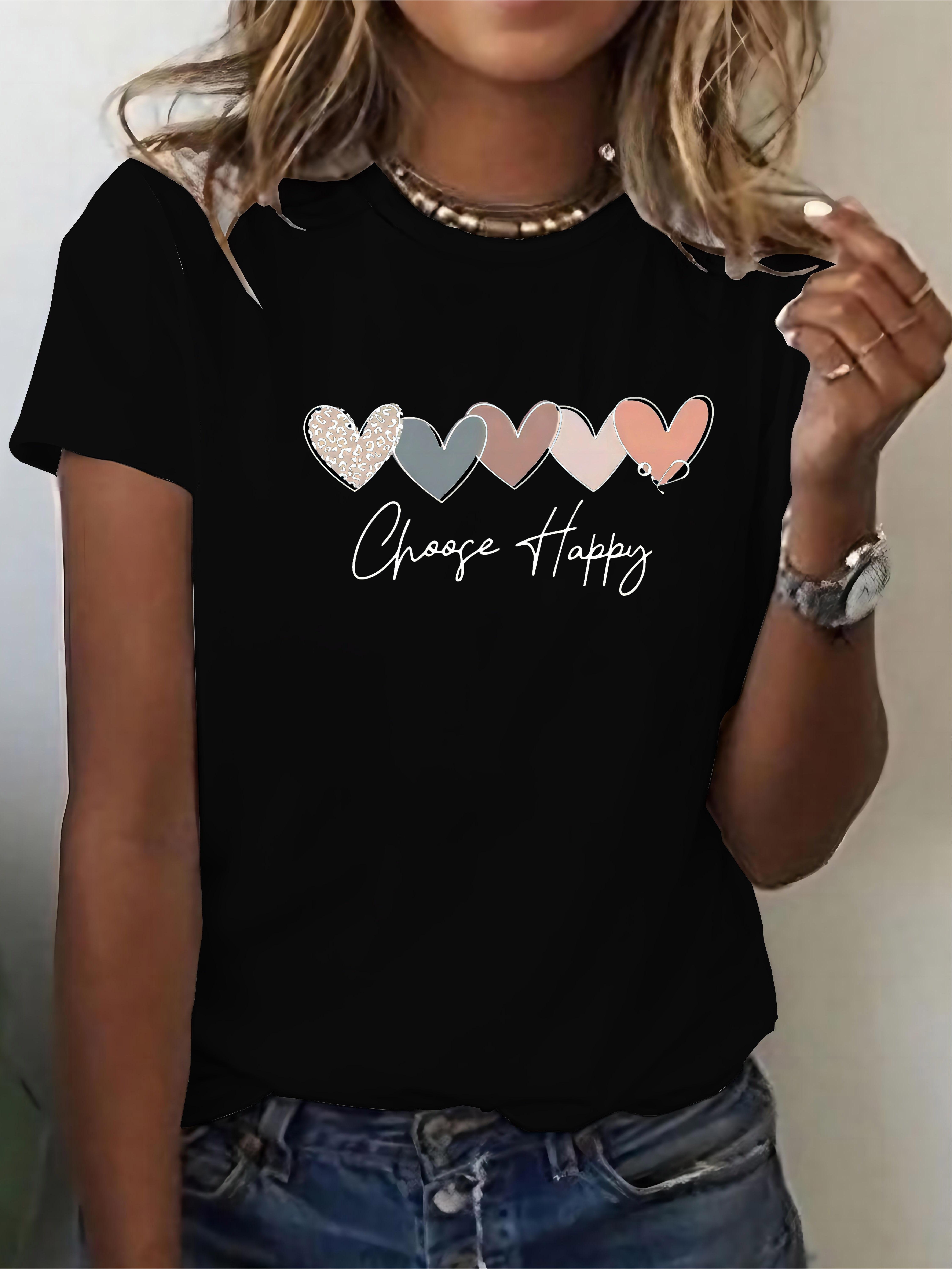 

Neck Heart and Happy Print Short Sleeve Women s Casual Sport T-Shirt Round Aesthetic Clothes 4XL