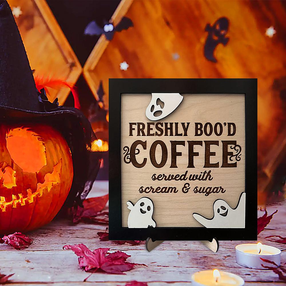 Bood Coffee Freshly Halloween Sign Bar Decor Office Ornament Photo Ghost Frame