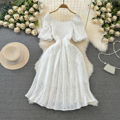 Kadınlar için moda elbise kare yaka puf kollu A-line çiçek doku vestido bayan düz renk kıvrımlar elbiseler yaz Dropship