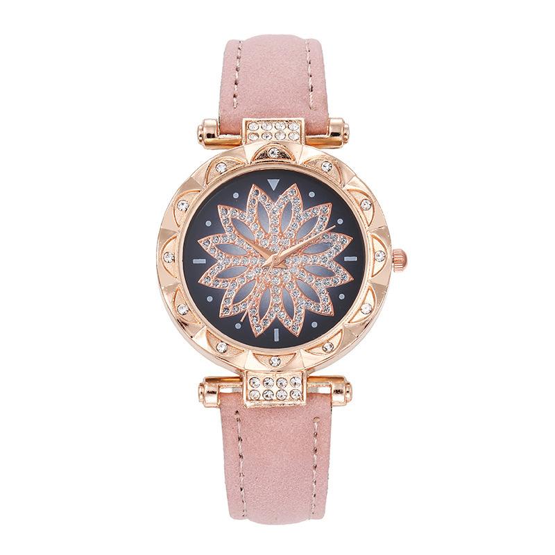 Fashion Flower Diamond Round Dial Leather Strap Women's Quartz Watch Set of 5 for Christmas and Thanksgiving Gifts