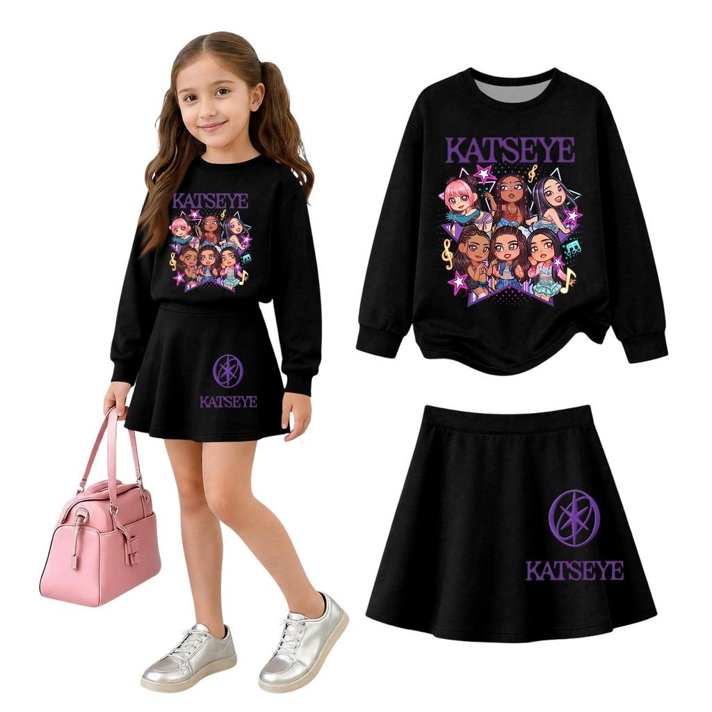 Girls' Long Sleeve Neck Top and Skirt 2 Piece Casual Outfit Set for Everyday Wear