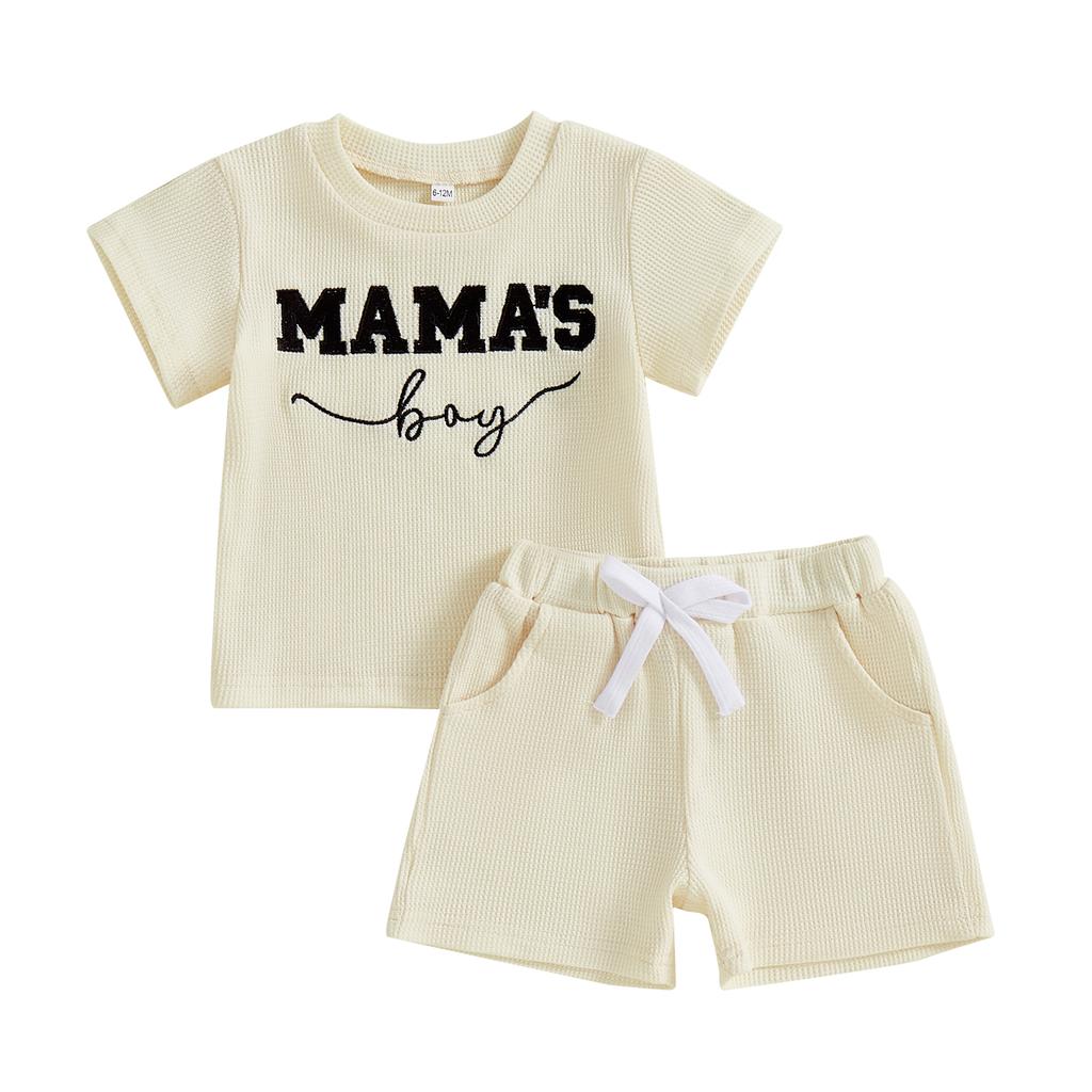 Toddler Boys Summer Outfits Letter Embroidered Waffle Short Sleeve T-Shirts Elastic Waist Shorts 2Pcs Clothes Set