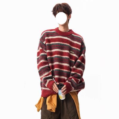 American Mohair Striped Contrasting Color Crew Neck Sweater Men's and Women's Autumn and Winter Lazy Knitted Thread Vintage Red Coat