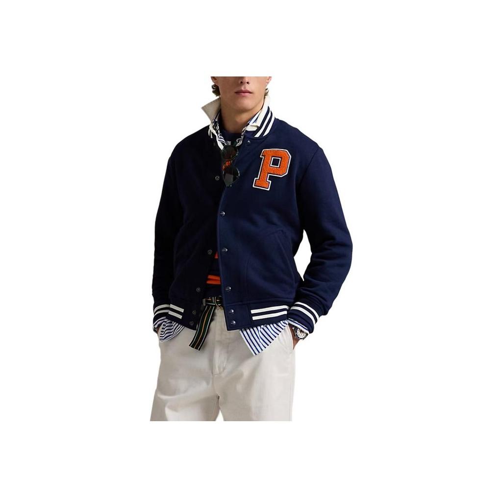 Polo Ralph Lauren The Rl Fleece Baseball Jacket Embroidered Pattern Snap Collar Long Sleeve Jacket Men jackets Navy-Blue 100040649