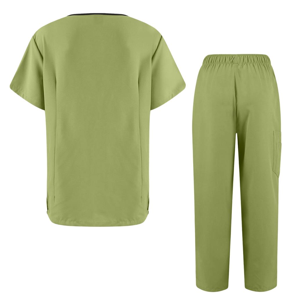 Women's Quick Drying Fabric Color V-neck Pocket Short Sleeved Pants Set Workwear