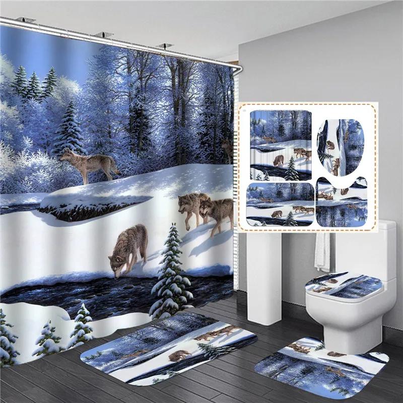 Mystery Wolf Animal Printed Shower Curtain Set With Bath Mat Anti-Slip Toilet Lid Cover Bathroom Set Carpet Home Decoration