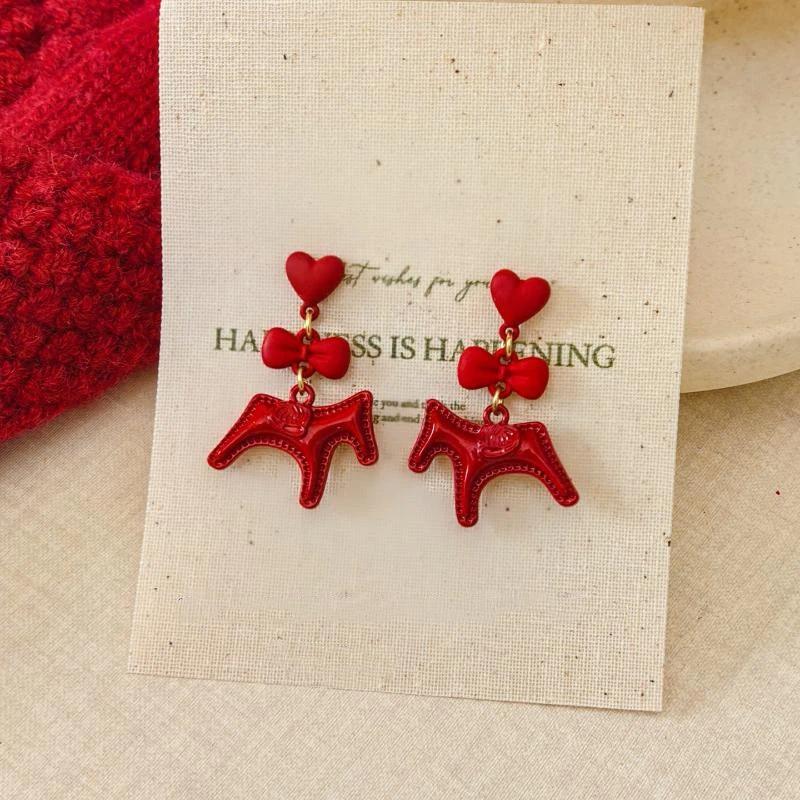 Simple Elegant Red Horse Earrings Korean Cute Sweet New Year's Red Earrings Ear Studs Jewelry Accessories New Year Gifts