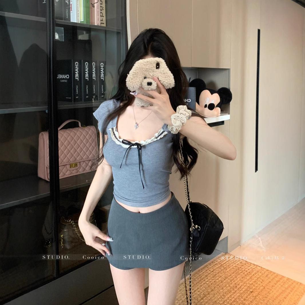 

Новая летняя женская футболка с короткими рукавами из чистого кружева, с большим вырезом, с красивым бантом, короткий топ XL