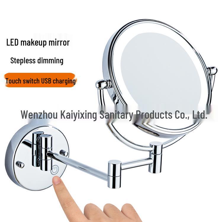 Wall-Mounted LED Touch Makeup Mirror with Recessed Wiring, Telescopic Fold, for Hotel Bathrooms