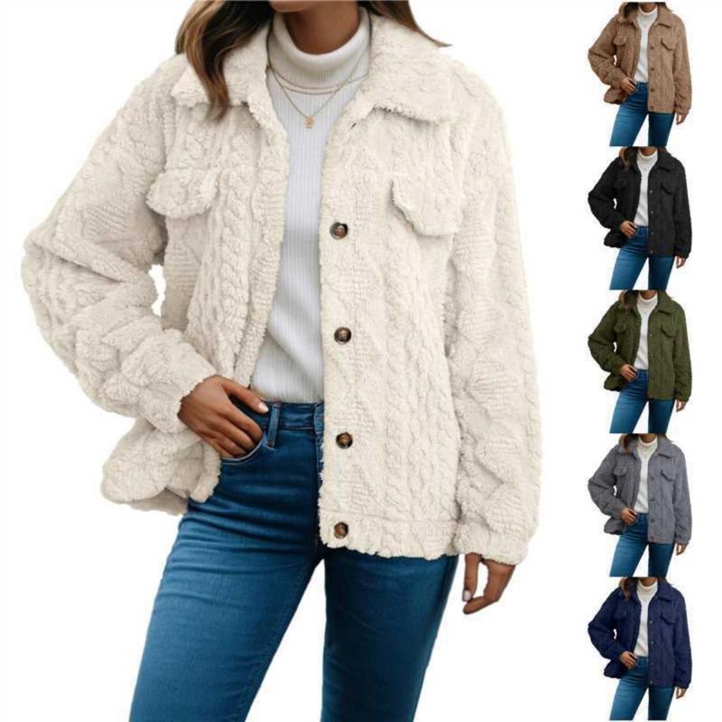 Fall Winter Women's Lapel Fleece Cardigan Long Sleeve Casual Warm Thick Coat For European American
