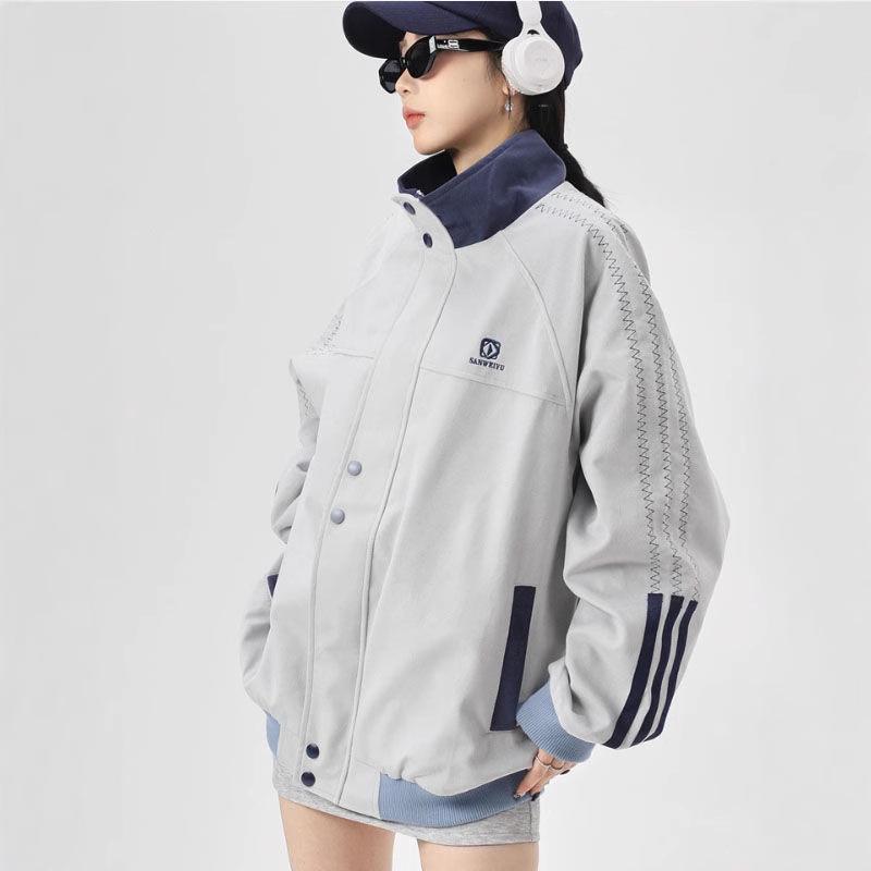 

Women s Spring Sporty Retro Letter Embroidery Jacket with Stand-up Collar Large