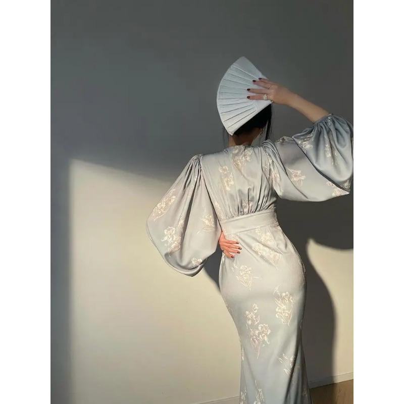 Neu Elegante Druck Meerjungfrau Kleider für Frauen Sommer Neue Slim V-ausschnitt Langarm Landebahn Partei Robe