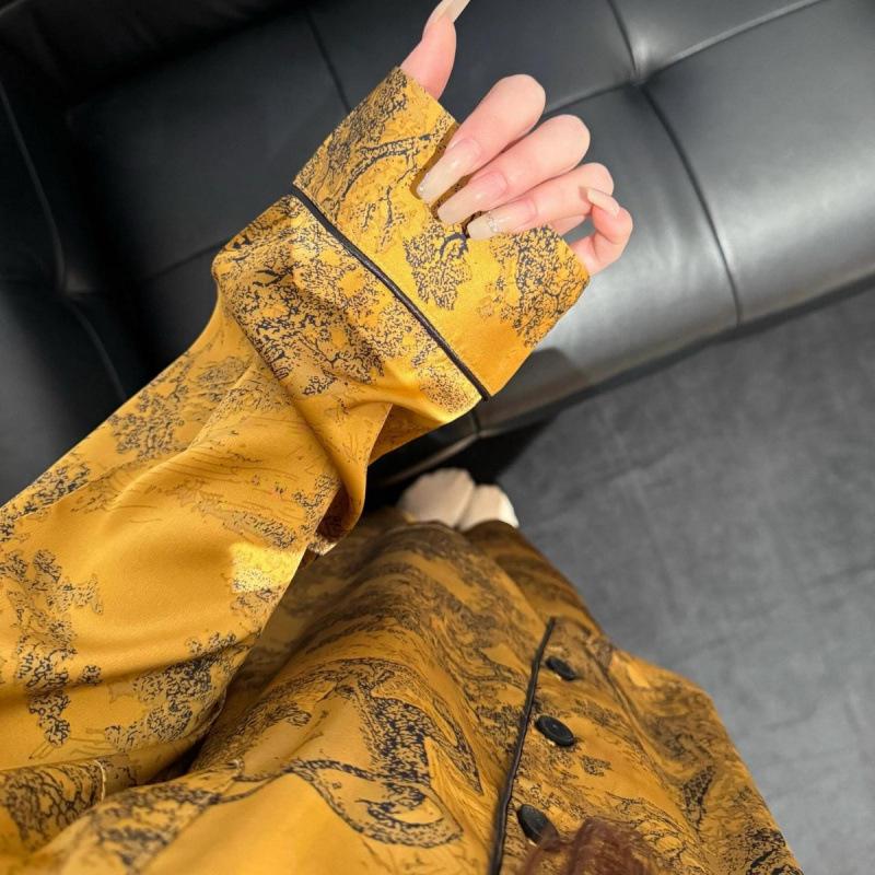 Pijama de Luxo Feminino Estampa de Animal da Selva Seda Gelo - Conjunto de Manga Comprida para Primavera/Outono