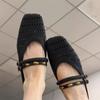 Fashion High Quality Hand Made Woven Black Slippers Women Fashion Metal Rivets Decoration Flat Slippers Comfort Breathable Office Shoes
