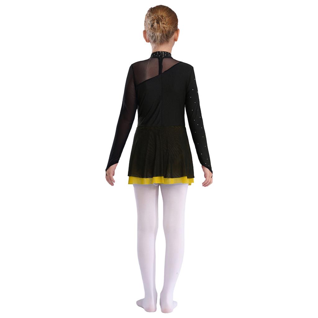 Dívčí šaty s dlouhým rukávem, falešným výstřihem, třpytivými kamínky, průsvitnou síťovinou a patchworkem na krasobruslení a taneční vystoupení