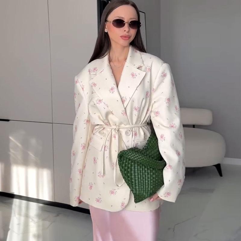 Women's Summer New Fashion Printed Loose Suit Collar Tie Waist Fitted Suit Jacket