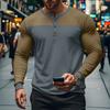 Vintage Patchwork Mens Crew Neck T Shirts Autumn Long Sleeve Contrast Color Buttoned Tops for Men Casual Slim Pullover Male Tees