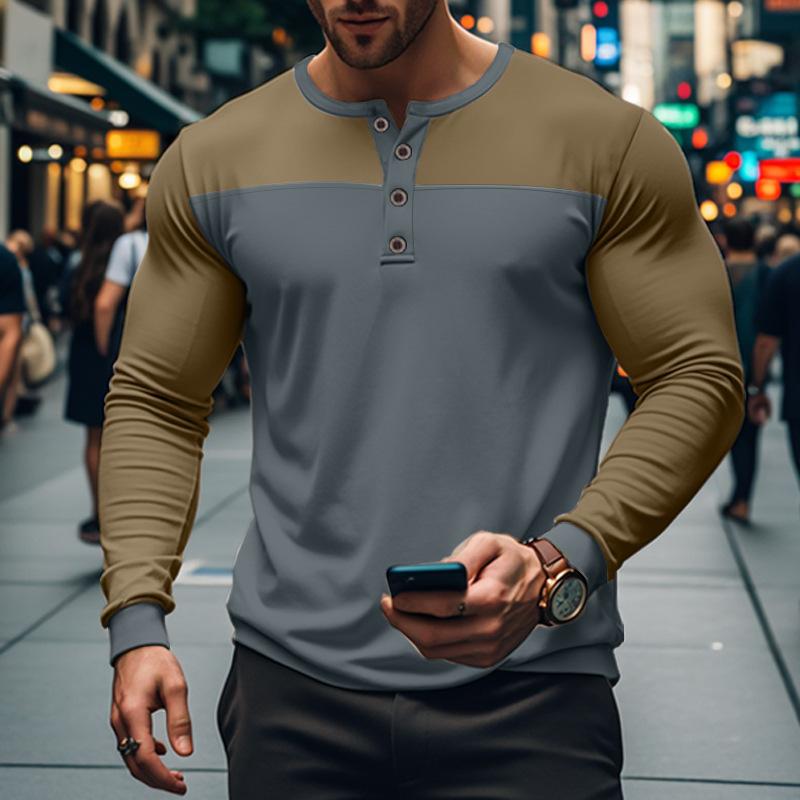 Vintage Patchwork Mens Crew Neck T Shirts Autumn Long Sleeve Contrast Color Buttoned Tops for Men Casual Slim Pullover Male Tees