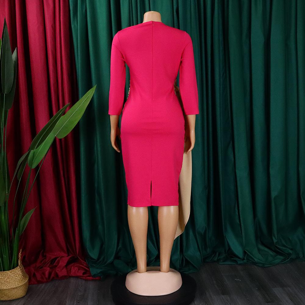 Large Size Women Fashion Patchwork Mid Sleeves Business Dress Ladies Elegant One Piece Skew Collar Sheath Dress