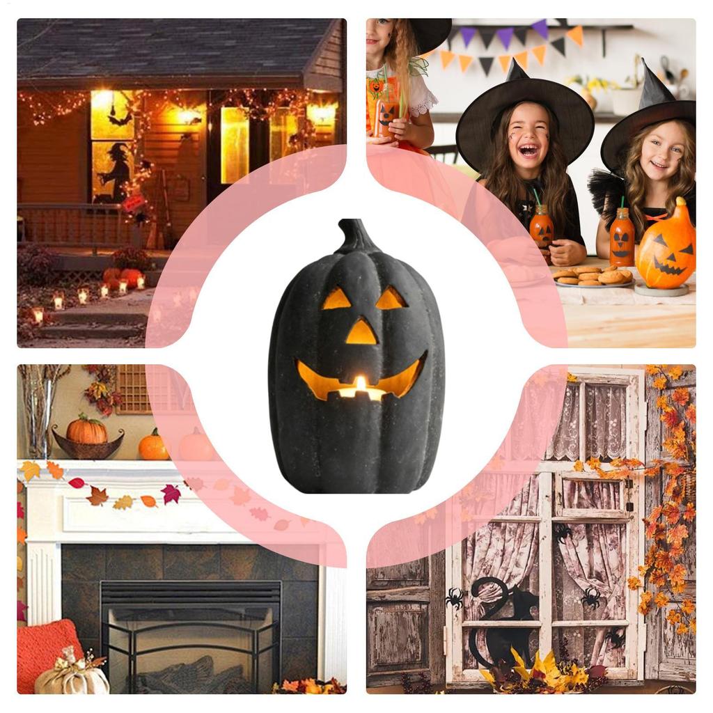 Černá pryskyřičná dýňová lucerna se svíčkou, Strašidelná Halloweenská socha, Podzimní dekorace pro vnitřní i venkovní použití, Veranda