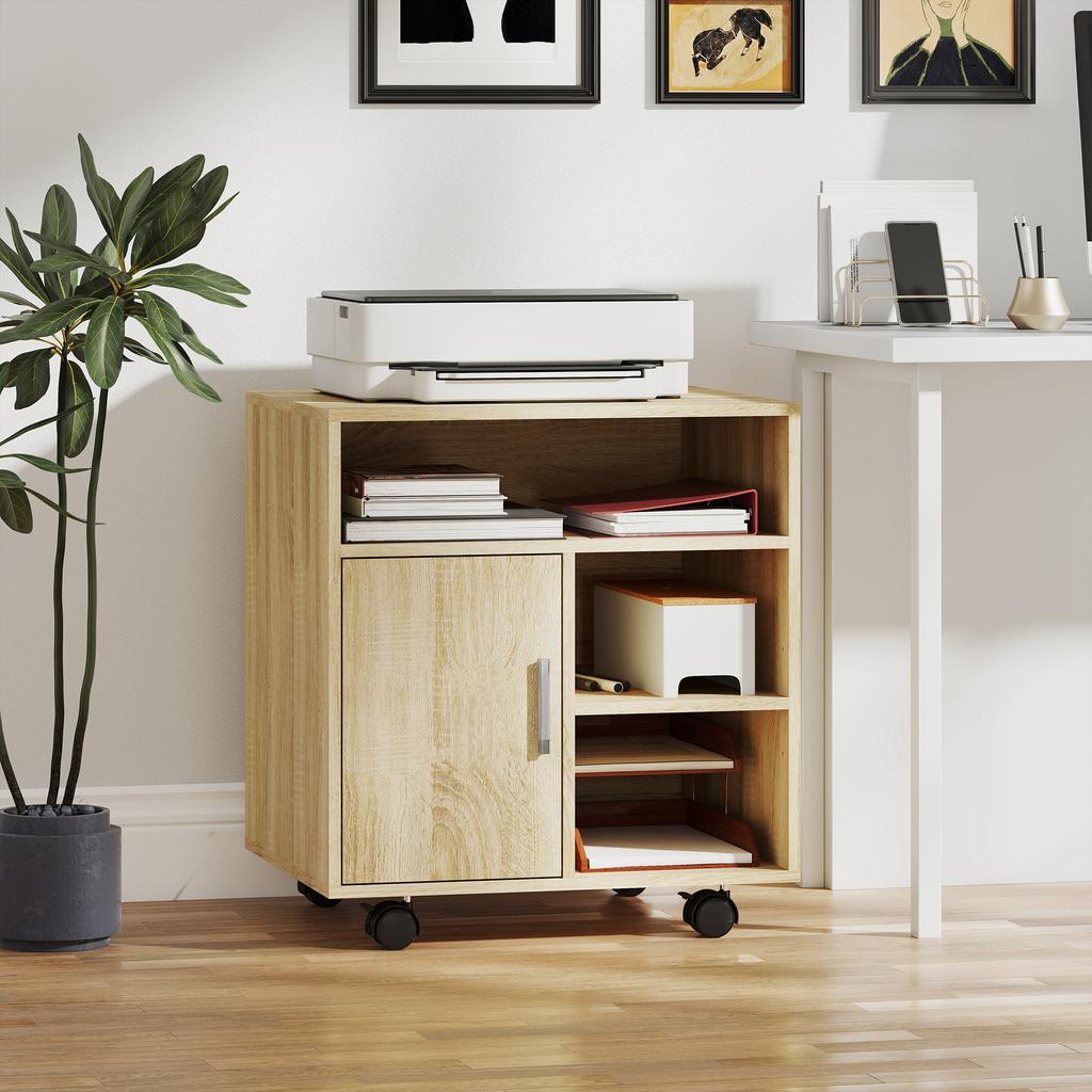 Multifunctional Printer Cabinet with Wheels and Shelves with Wide Storage Space 60x50x65.5 cm Natural
