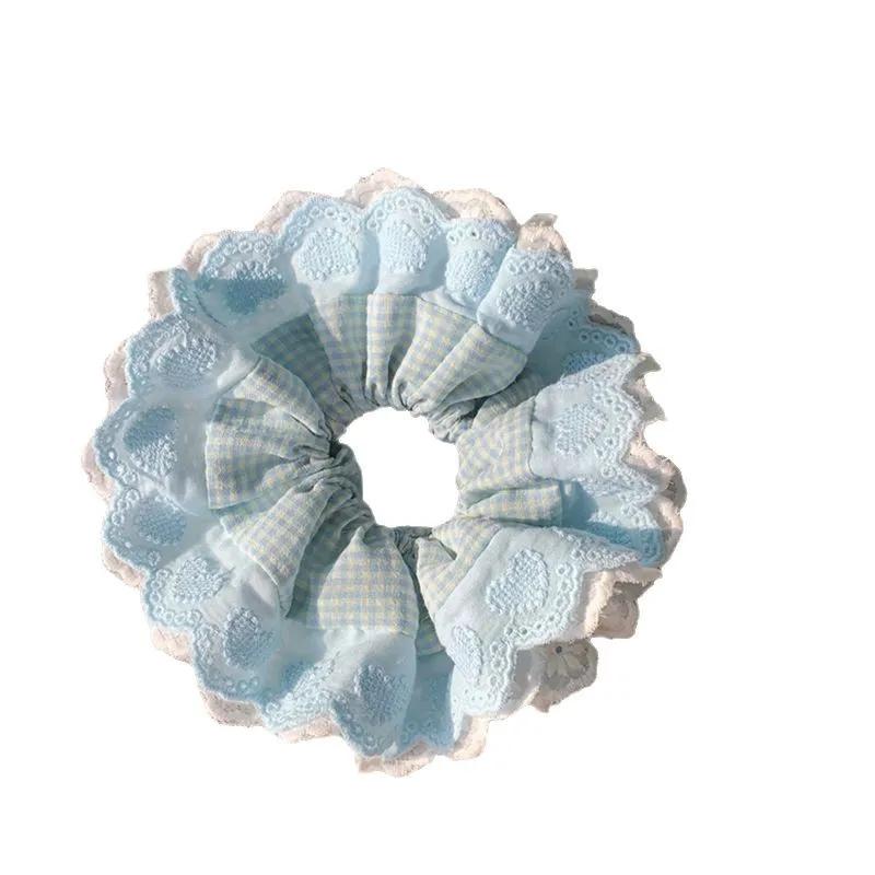 Ladies Hair Tie Blue Plaid Bow Lace Square Scarf Headband Korean Women s Oversized Hair Accessories Sweet Style Cute Scrunchies