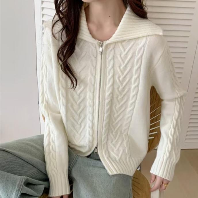 Autumn Winter Women Zipper Knitted Cardigan Casual Loose Solid Thicken Sweater Korean Long Sleeve Gray Short Coats Tops Sweaters