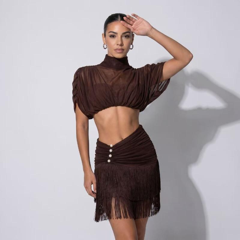 Abito Latino da Ballo per Adulti da Donna Set con Top in Rete e Seta Gonne con Frange Sasha Professionale Costumi per Pratica Esibizione Cha-Cha Samba