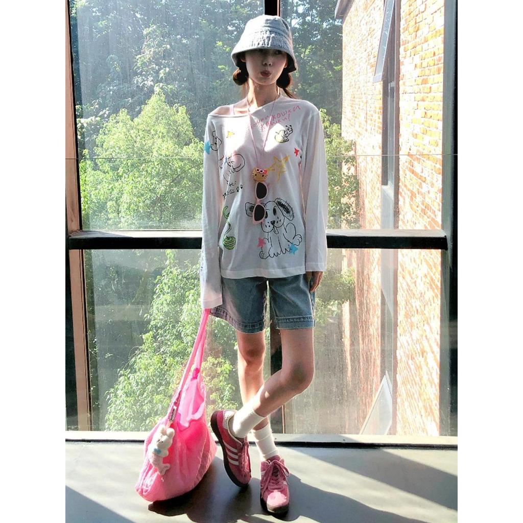 No price reduction #Painted fun printing slanted shoulder sunscreen blouse women's thin loose long-sleeved t-shirt top