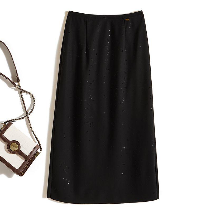 

Basic Versatile Flash Skirt! Elegance Women s Elastic Waist A- line Elastic Cotton Yarn over the Knee Back Split Skirt Summer Black + silver powder 4XL