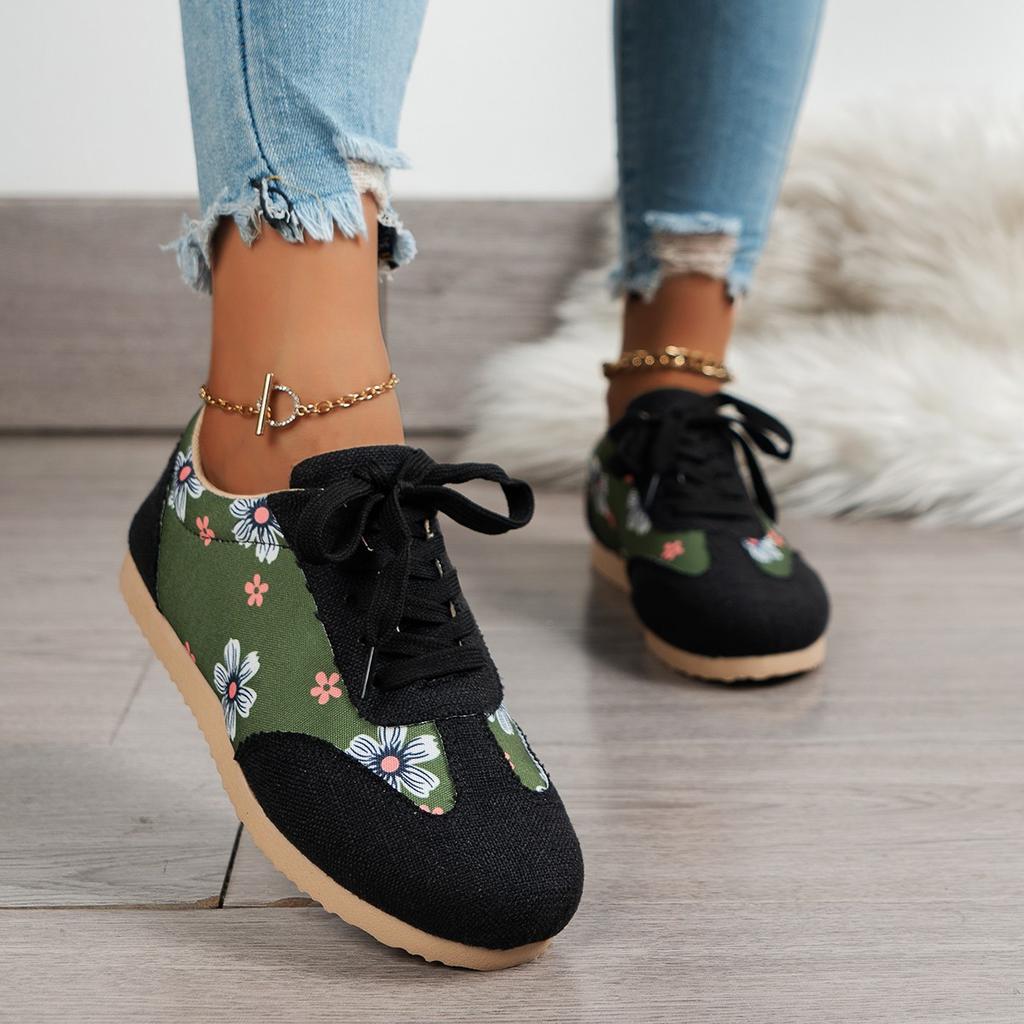 European and American large-size flat-bottom printing fashion board shoes women's new casual flower front lace-up single shoes