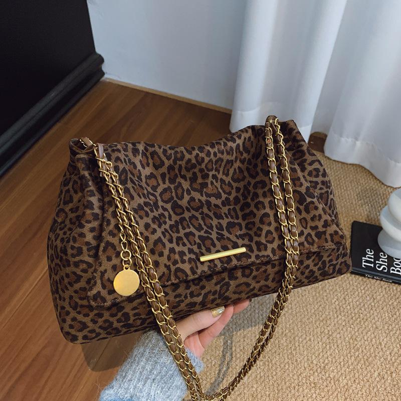 Schoolbag Women's Coffee Vintage Leopard Print Chain Handbag Shoulder Bag, Soft Fabric Tote With Gold Tone Strap Stylish Crossbody Purse For Daily