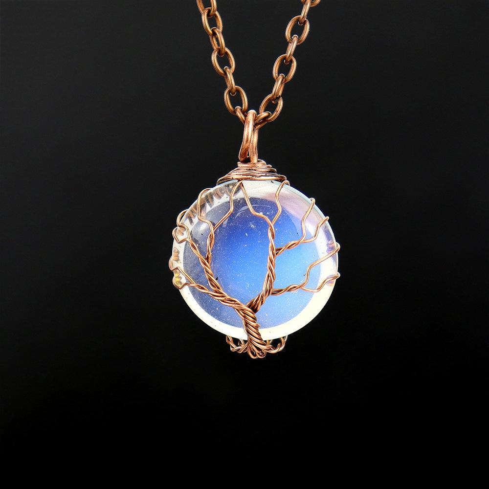 Natural Crystal Rough Stone Amethyst Round Winding Tree Of Life Pendant Necklace N647