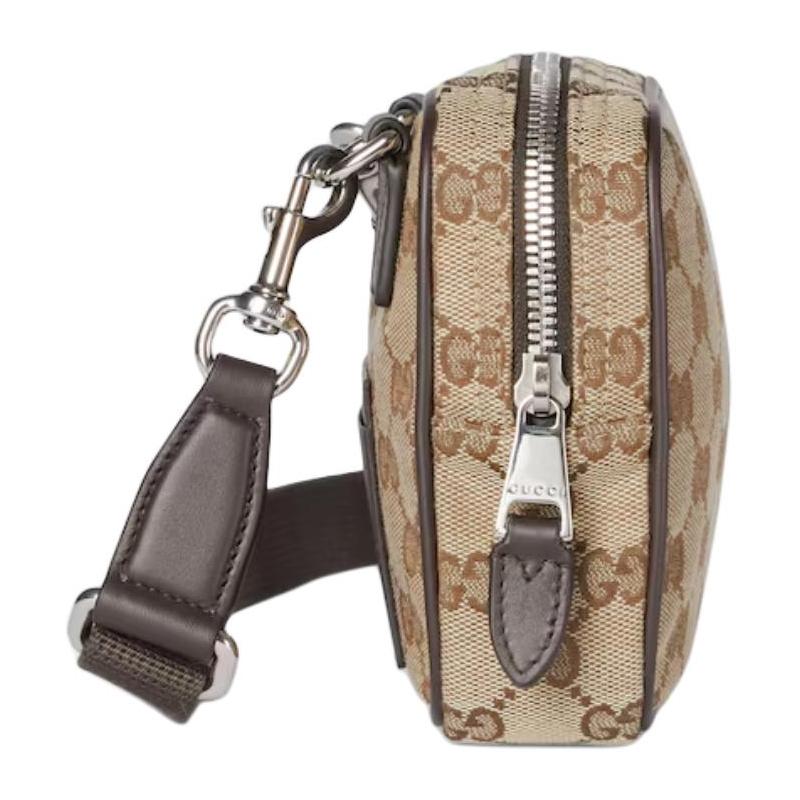 Gucci Classic Double G Pattern Design Zipper Closure GG Canvas Shoulder Bag Mini Men's Beige and Dark Brown