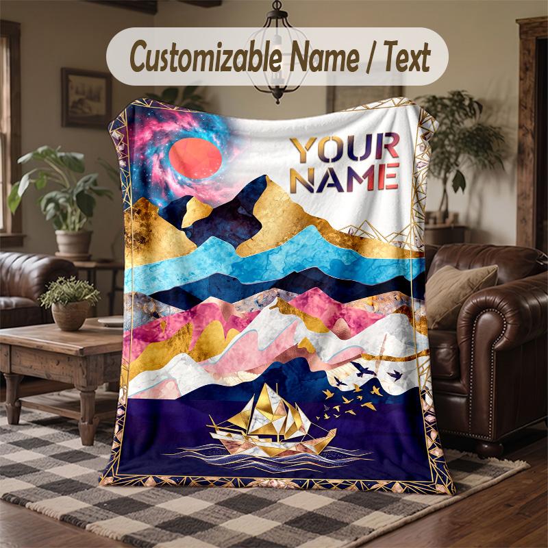 Ocean Adventure Whales Theme Throw Blanket Custom Name Text Personalized Blanket Soft Cozy Blanket for Home Sofa Bed