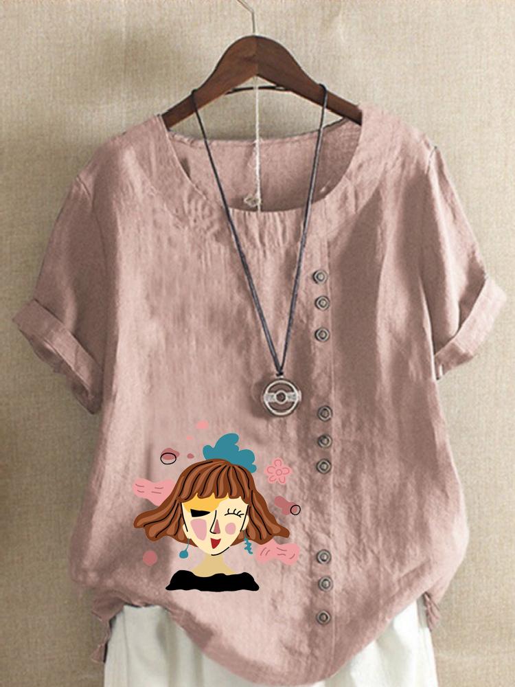 Women s Fashion Abstract Girl Print Shot Sleeve T-shirt Loose Cotton Shirt Casual Loose Summer Plus Size Blouse Tops S